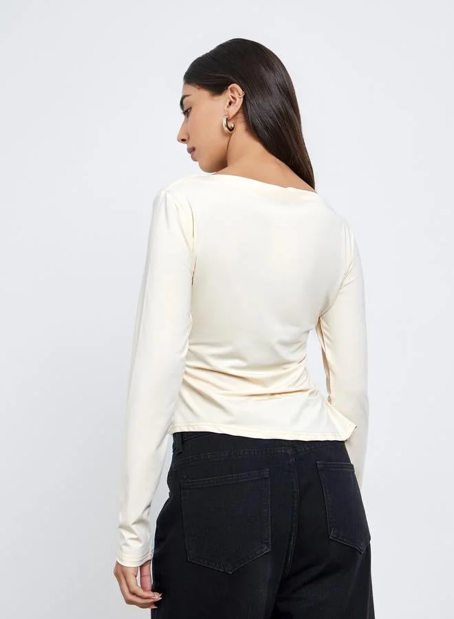 Take Two Take Two Beige Gathered Detail Long Sleeve Top