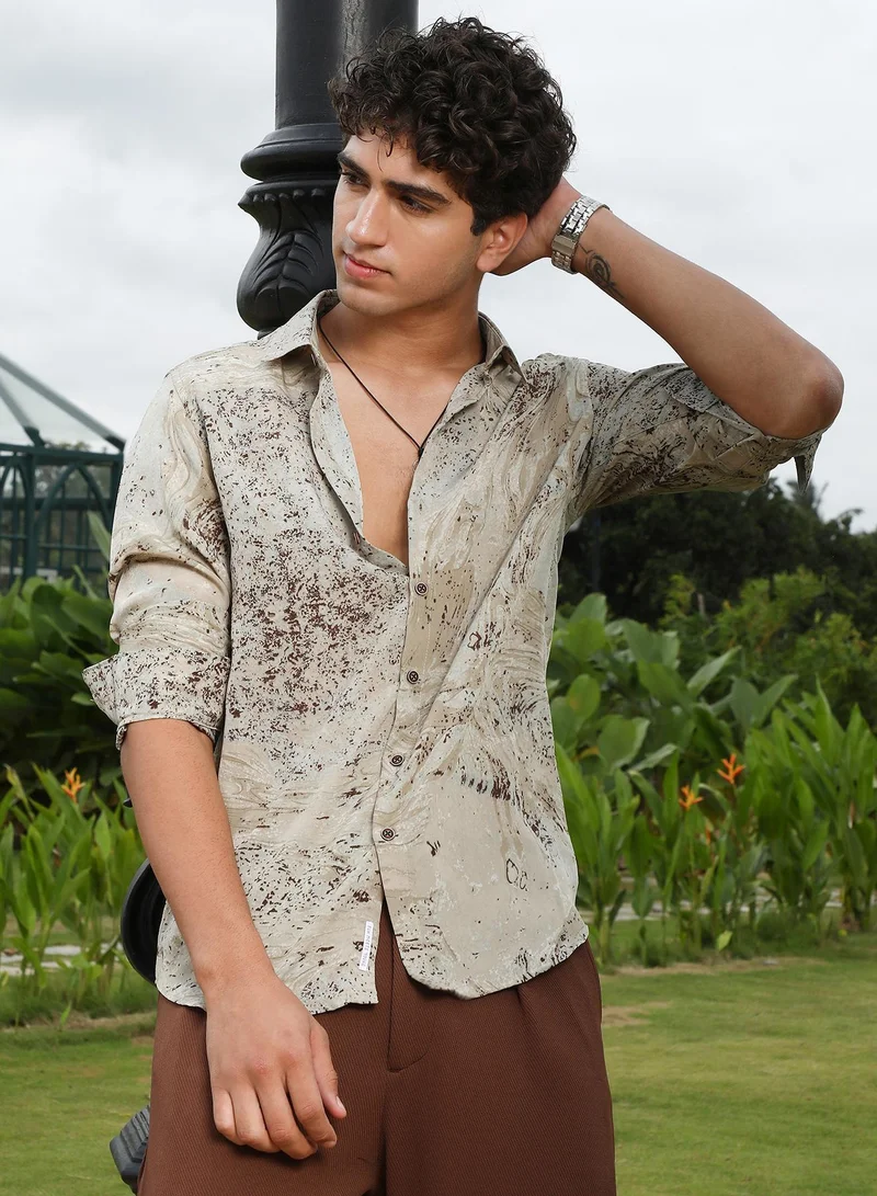 كامبوس سوترا قميص كامبس سوترا رجالي بيج مطبوع بنقوش رخامية