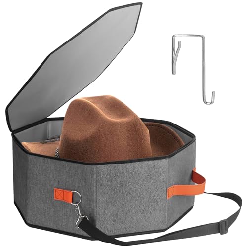 kushon Hat Storage Box for Women & Men, Hardboard Support Cowboy Hat Boxes with 1 Door Hook Hat Organizer for Travel(Grey) - Image 1