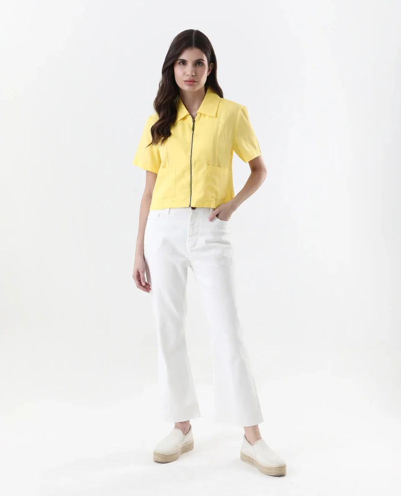 Rareism Women's Short Sleeve Collared Zipper Closure Cropped Top