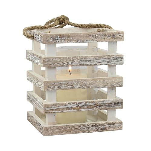 Stonebriar Small Worn White Wooden Beach House Candle Lantern with Rope Handle and Removable Glass Cylinder Hurricane - Image 5
