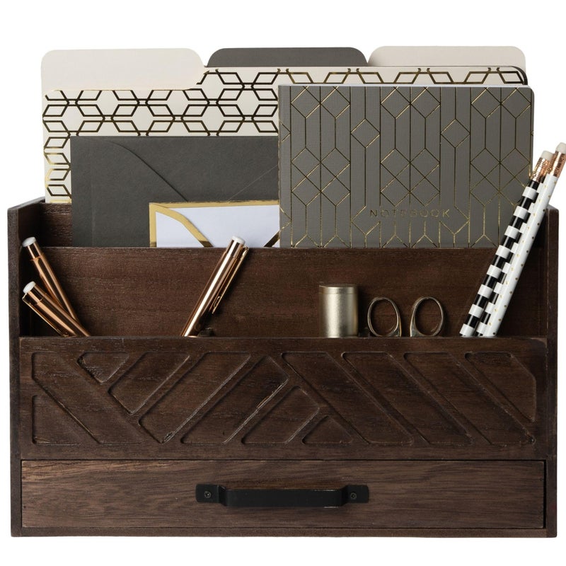 BLU MONACO | Wooden Mail Organizer with Drawer and Compartments | Mail Sorter Organizer Countertop for Desk Entryway | Outgoing Mail Holder Wood Desktop File Storage - Image 1