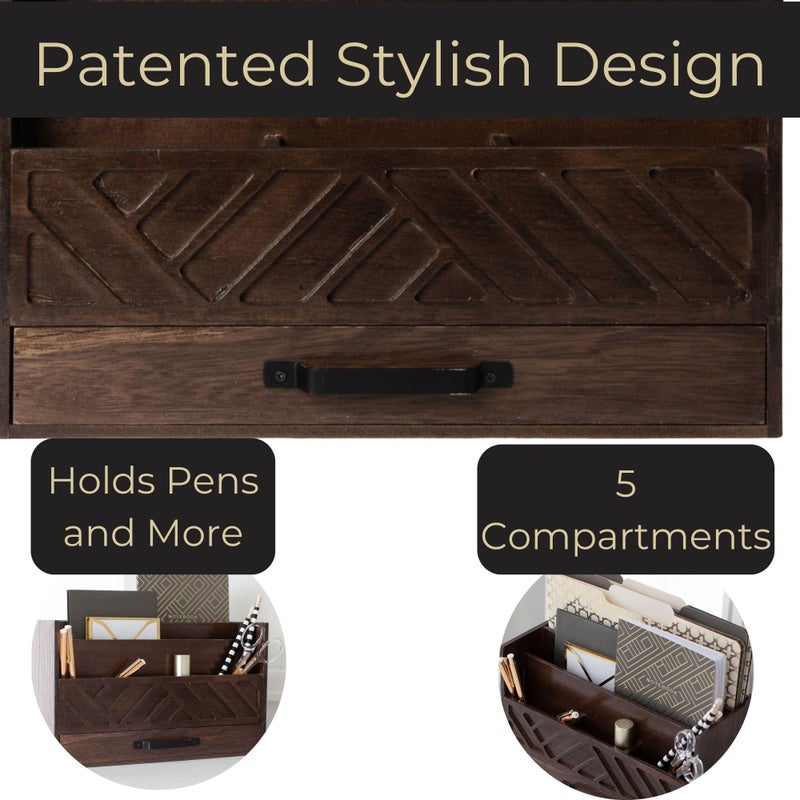 BLU MONACO | Wooden Mail Organizer with Drawer and Compartments | Mail Sorter Organizer Countertop for Desk Entryway | Outgoing Mail Holder Wood Desktop File Storage - Image 5