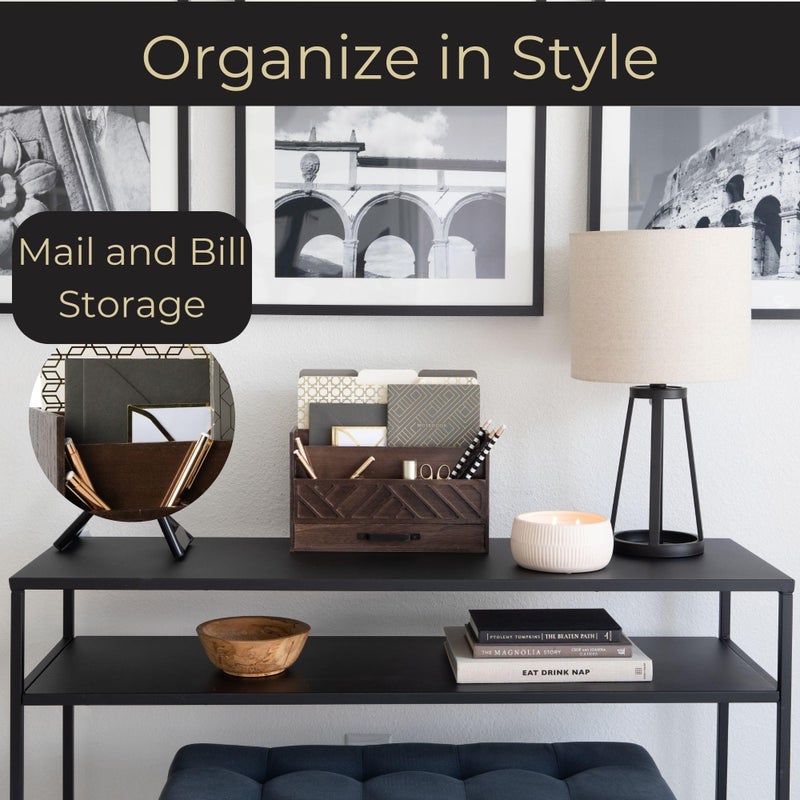 BLU MONACO | Wooden Mail Organizer with Drawer and Compartments | Mail Sorter Organizer Countertop for Desk Entryway | Outgoing Mail Holder Wood Desktop File Storage - Image 2
