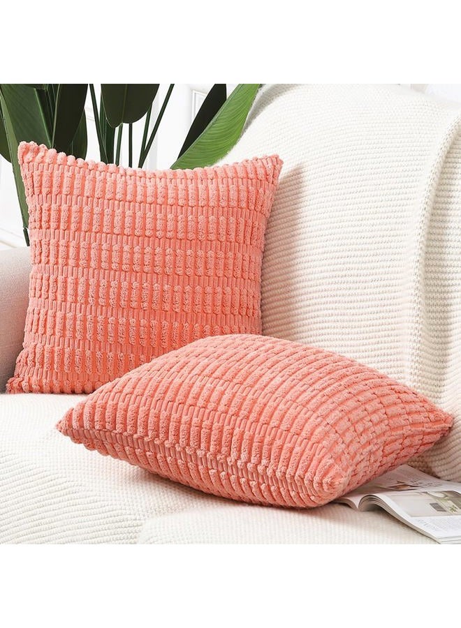 Madizz Set of 2 Corduroy Striped Boho Throw Pillow Covers Decorative Soft Cushion Cover for Sofa Bedroom Coral 50x50cm - Image 2