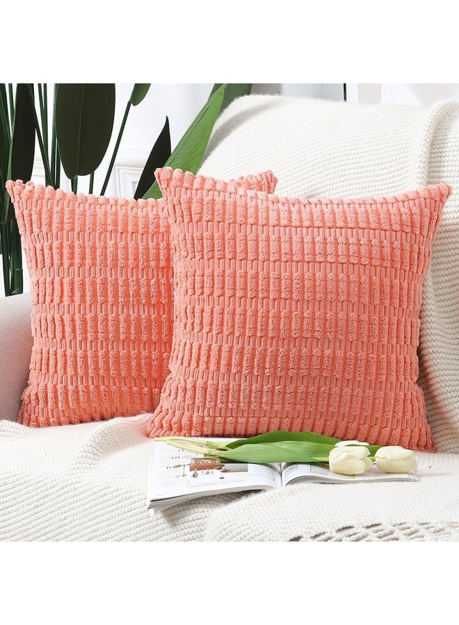 Madizz Set of 2 Corduroy Striped Boho Throw Pillow Covers Decorative Soft Cushion Cover for Sofa Bedroom Coral 50x50cm - Image 1