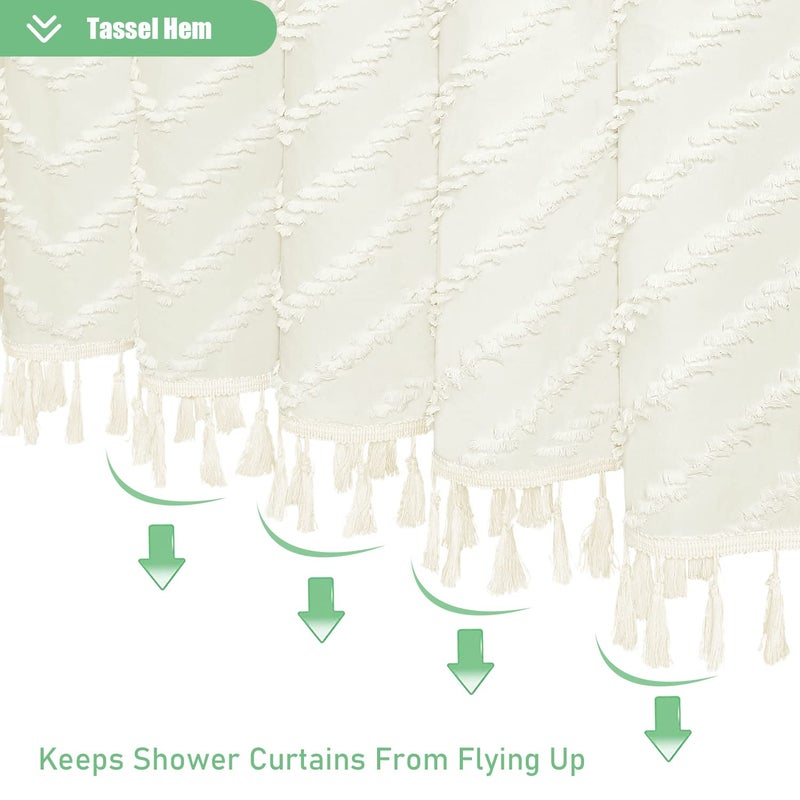 Dynamene Extra Long Shower Curtains, 84 Inches Long Boho Tufted Chevron Striped Fabric Shower Curtains for Bathroom, Tall Minimalist Chic Waterproof Cloth Shower Curtain Set with Hook, Cream, 72x84 - Image 5
