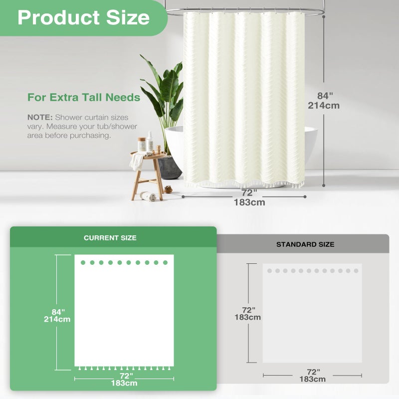 Dynamene Extra Long Shower Curtains, 84 Inches Long Boho Tufted Chevron Striped Fabric Shower Curtains for Bathroom, Tall Minimalist Chic Waterproof Cloth Shower Curtain Set with Hook, Cream, 72x84 - Image 2