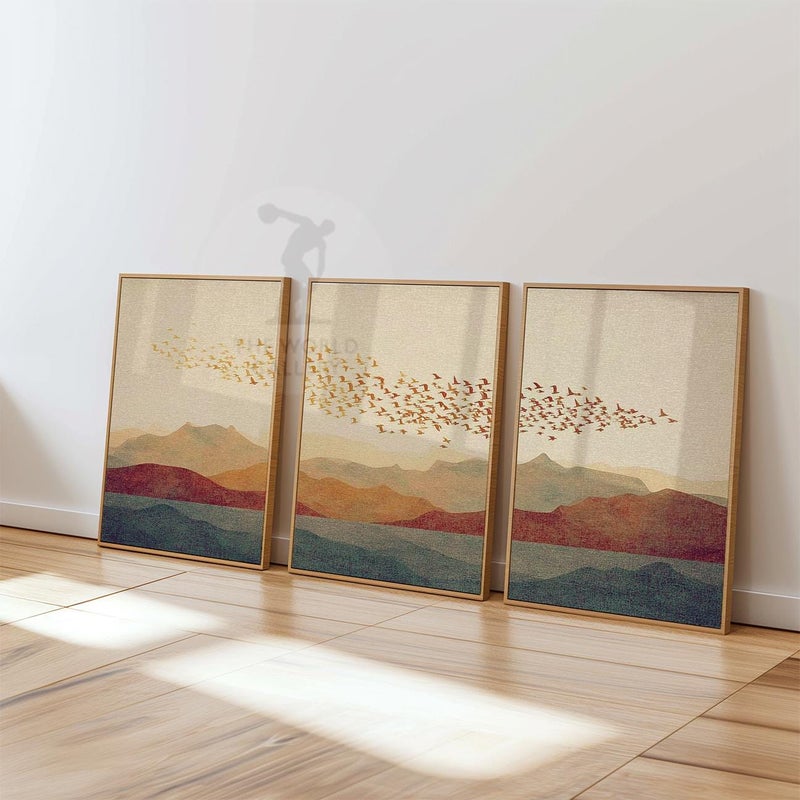 TNESSENTIAL Sunset Mountain Wall Art Set of 3 | Flock of Birds Over Hills | Minimal Landscape Artwork | Warm Earth Tone Wall Decor for Living Room - Image 5