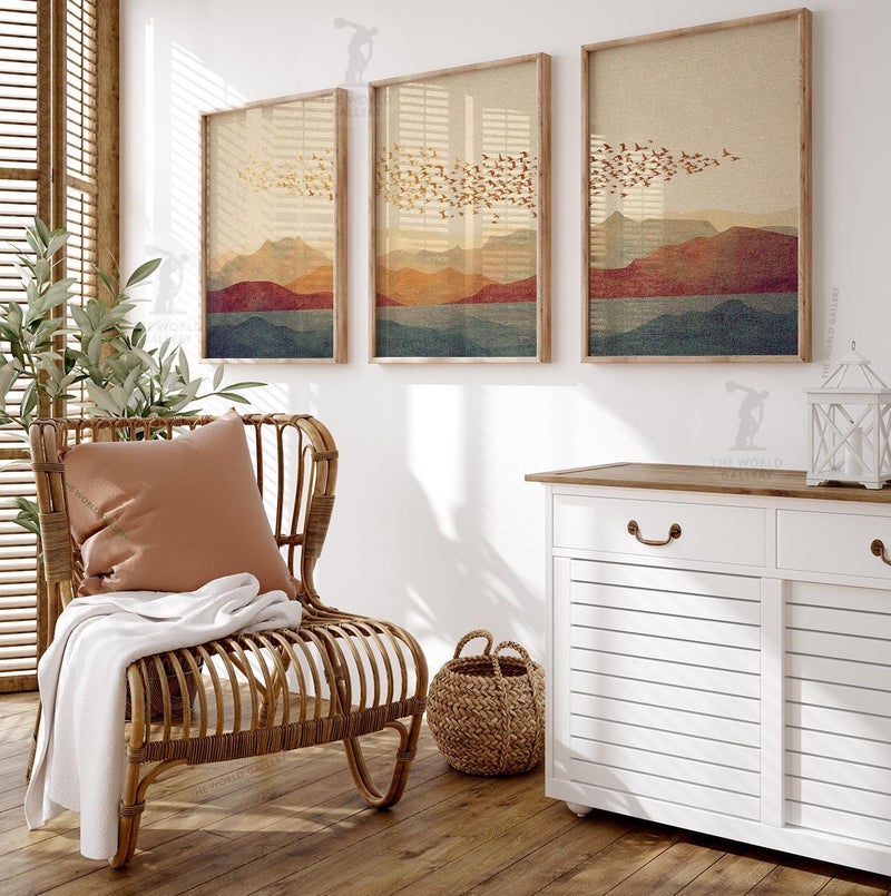 TNESSENTIAL Sunset Mountain Wall Art Set of 3 | Flock of Birds Over Hills | Minimal Landscape Artwork | Warm Earth Tone Wall Decor for Living Room - Image 2