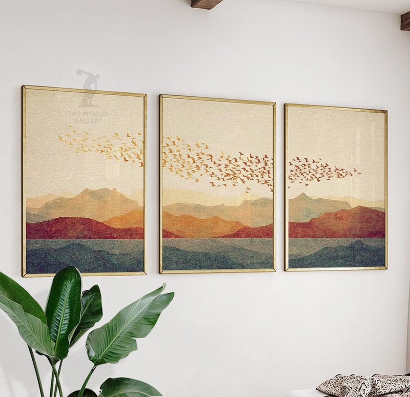 TNESSENTIAL Sunset Mountain Wall Art Set of 3 | Flock of Birds Over Hills | Minimal Landscape Artwork | Warm Earth Tone Wall Decor for Living Room - Image 1