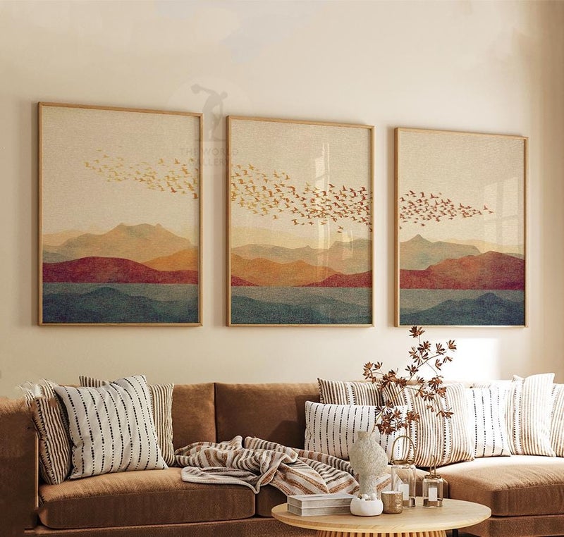 TNESSENTIAL Sunset Mountain Wall Art Set of 3 | Flock of Birds Over Hills | Minimal Landscape Artwork | Warm Earth Tone Wall Decor for Living Room - Image 3