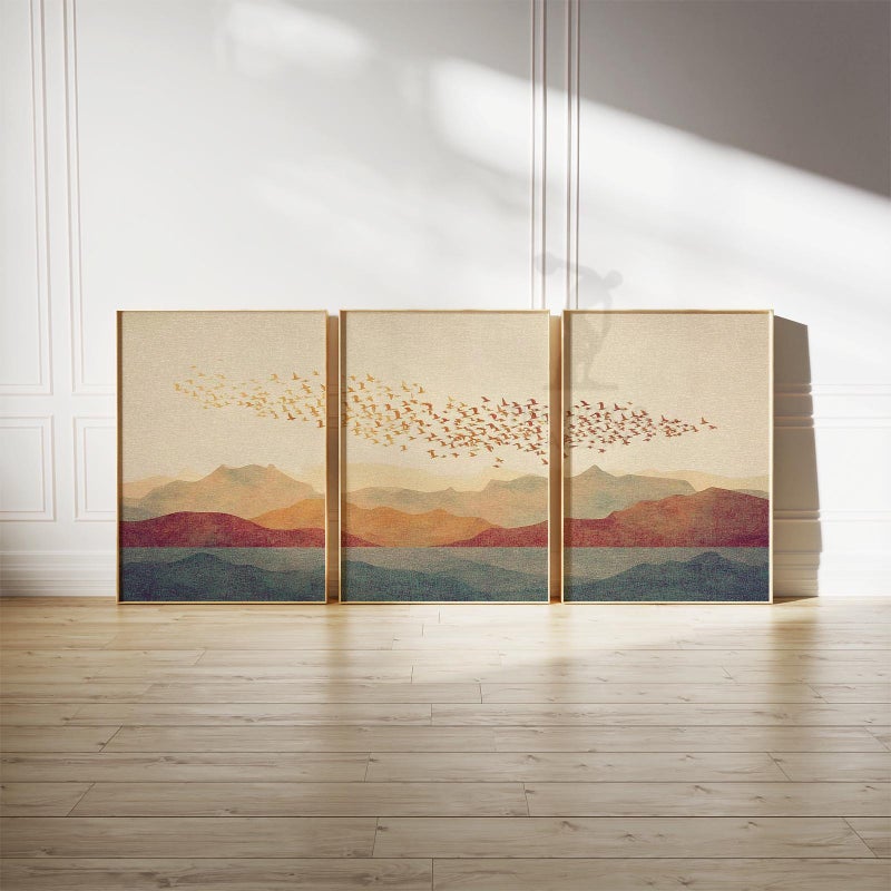 TNESSENTIAL Sunset Mountain Wall Art Set of 3 | Flock of Birds Over Hills | Minimal Landscape Artwork | Warm Earth Tone Wall Decor for Living Room - Image 4