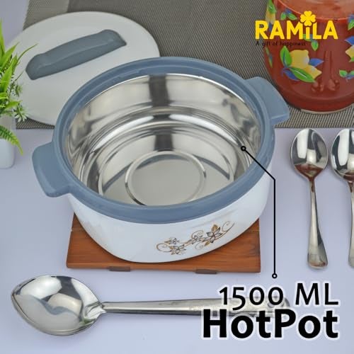 Ramila 1500ml Ramila Brand Insulated Inner Steel Casserole for Roti, White | Hot Pot for Home | Hot Box for Kitchen |Chapati Box | Locks in The Cold & Heat for Long | Serving Bowl with Lid - - Image 2