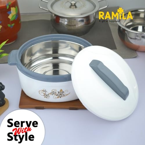 Ramila 1500ml Ramila Brand Insulated Inner Steel Casserole for Roti, White | Hot Pot for Home | Hot Box for Kitchen |Chapati Box | Locks in The Cold & Heat for Long | Serving Bowl with Lid - - Image 3