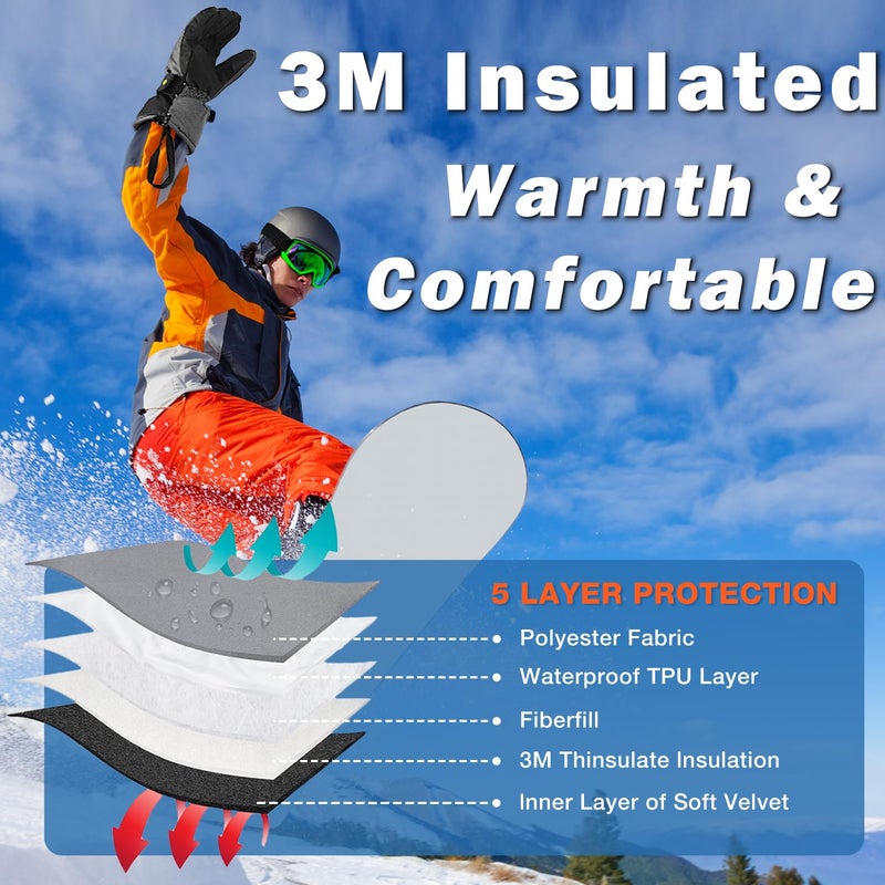 Solaris Waterproof Warm Ski Gloves, 3M Winter Cozy Thinsulated Snow Gloves for Skiing, Snowboarding, Shoveling, Cycling, Outdoor Sports, Great for Ski Lover - Image 2