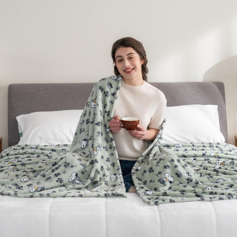 Berkshire Blanket Peanuts® VelvetLoft® Cute Character Snoopy Plush Blanket,Peanuts Snoopy & Woodstock New Flower and Bees Sage,Full/Queen 90 in x 90 in (Official Peanuts® Product) - Image 2