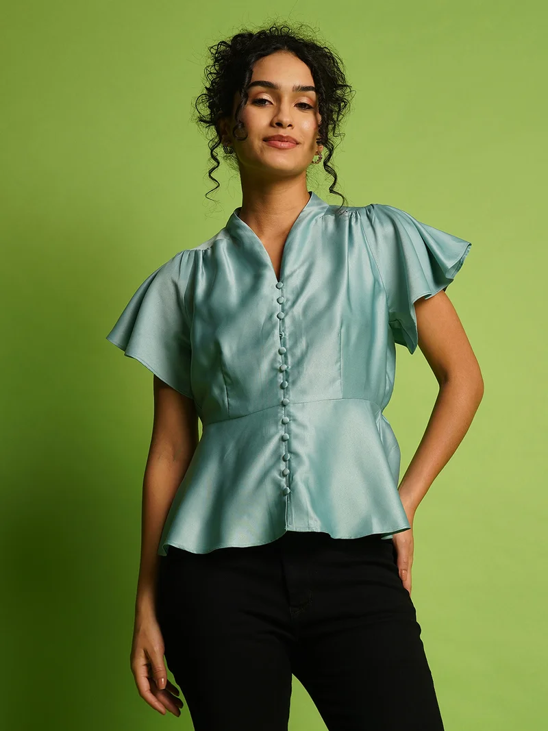 globus Women Solid V-Neck Gathered Flutter Sleeve Peplum Top