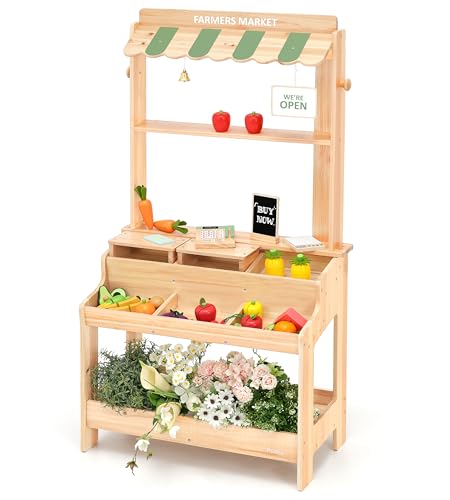 PairPear Wooden Mud Grocery Stand 2in1 Outdoor Market Stand  Mud Kitchen for Kids Outdoor Montessori Pretend Play Toy with 14 Accessories Cash Register  Play Food Ages 3 - Image 1