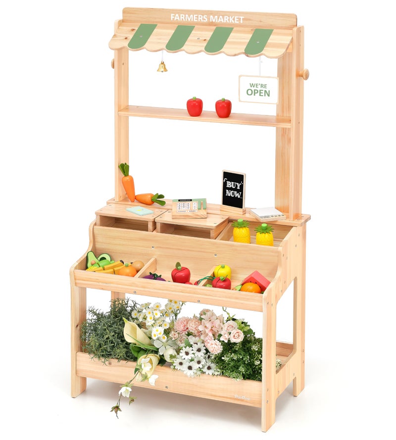 PairPear Wooden Mud Grocery Stand 2in1 Outdoor Market Stand  Mud Kitchen for Kids Outdoor Montessori Pretend Play Toy with 14 Accessories Cash Register  Play Food Ages 3 - Image 3