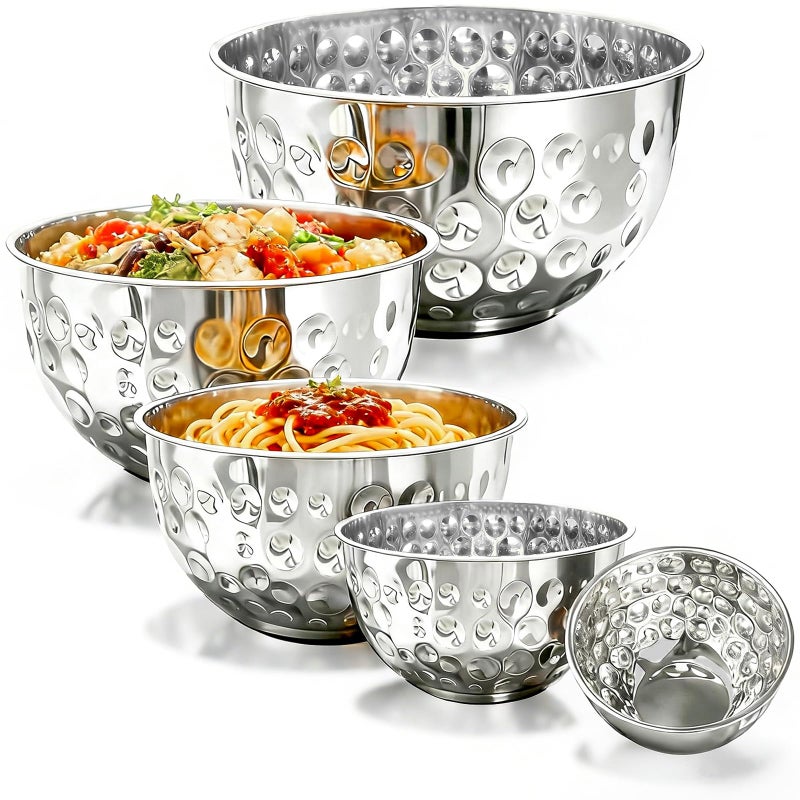 YEJZXY 5 Piece Stainless Steel Mixing Bowls Set, Hammered Bowl Nesting Design Kitchen Bowls for Cooking, Baking, Serving (Size: 4.9/4.2/3.2/2.1/1.6QT) - Image 1