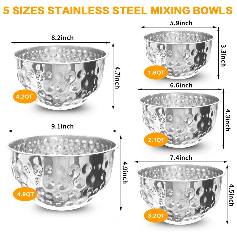 YEJZXY 5 Piece Stainless Steel Mixing Bowls Set, Hammered Bowl Nesting Design Kitchen Bowls for Cooking, Baking, Serving (Size: 4.9/4.2/3.2/2.1/1.6QT) - Image 2