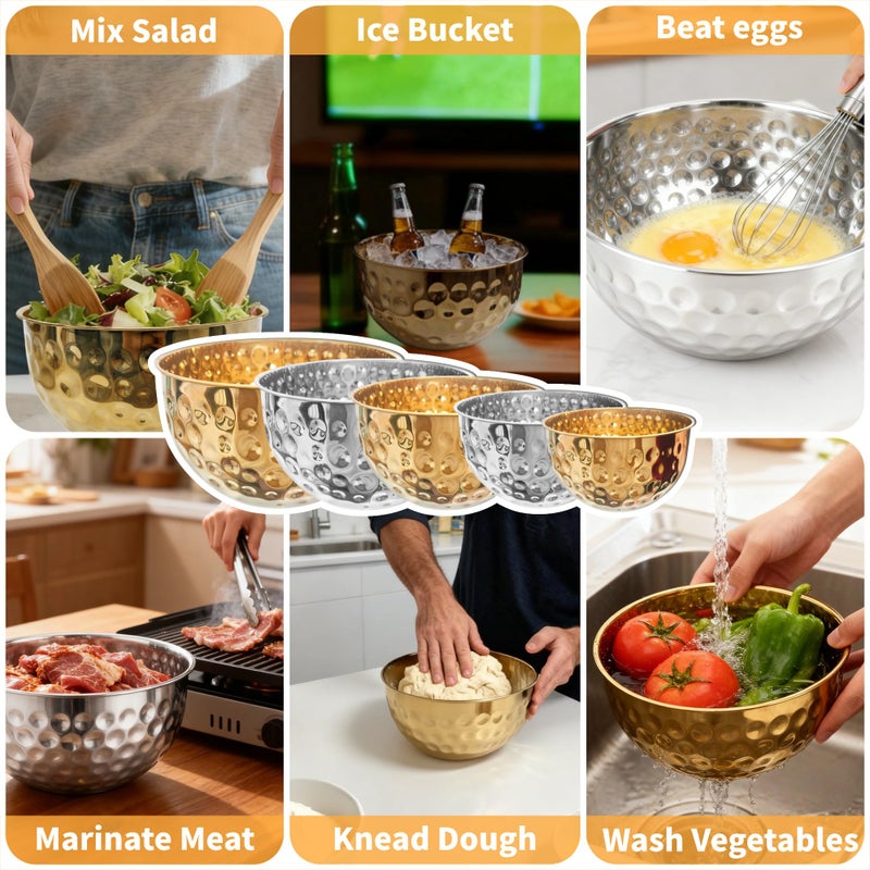 YEJZXY 5 Piece Stainless Steel Mixing Bowls Set, Hammered Bowl Nesting Design Kitchen Bowls for Cooking, Baking, Serving (Size: 4.9/4.2/3.2/2.1/1.6QT) - Image 4