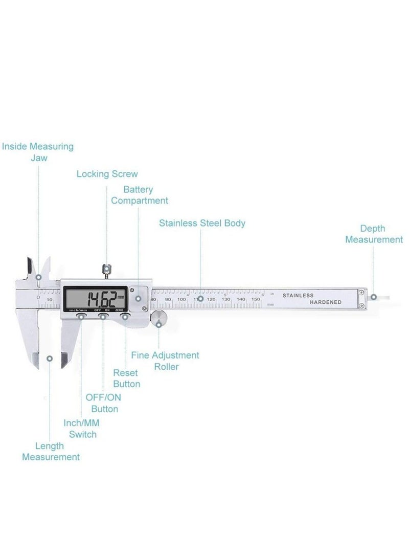Electronic Digital Vernier Caliper Stainless Steel Caliper 150mm /0-6 inch Measuring Tools with Extra-Large LCD Screen inch /Metric Conversion  - Image 3