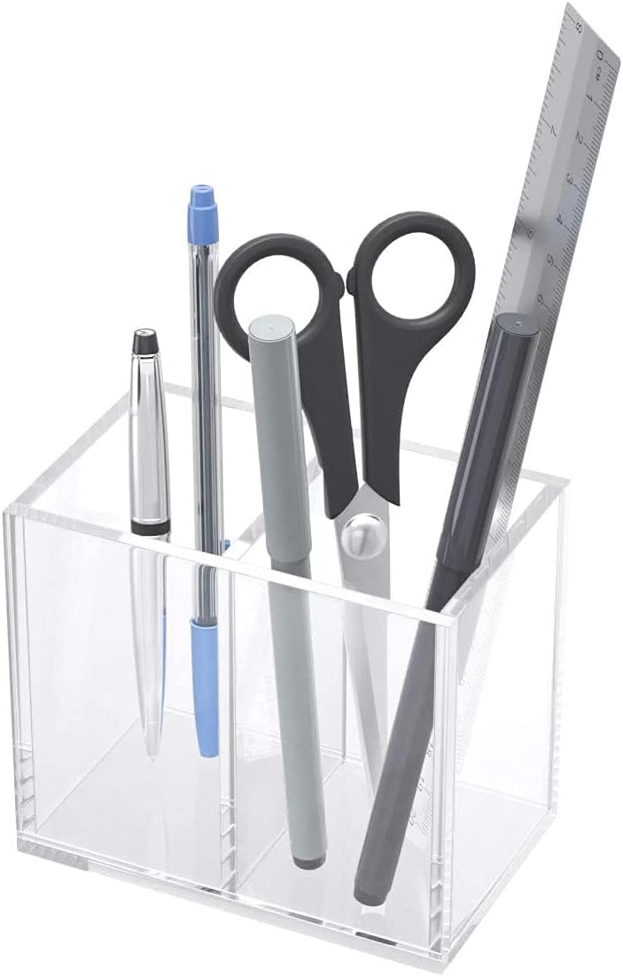 NIUBEE Acrylic Pen Holder 2 Compartments, Clear Pencil Organizer Cup for Countertop Desk Accessory Storage - Image 5