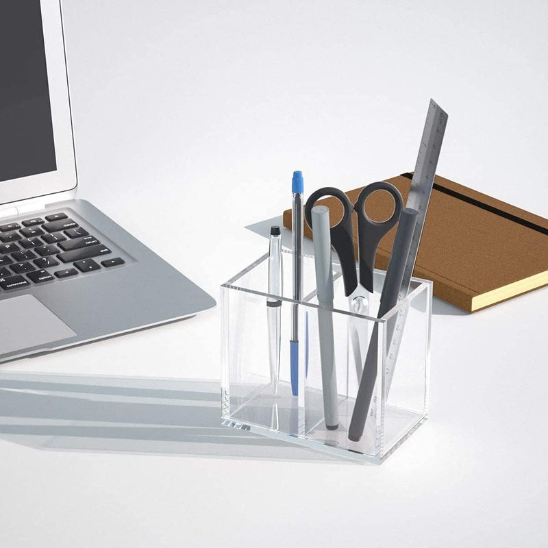 NIUBEE Acrylic Pen Holder 2 Compartments, Clear Pencil Organizer Cup for Countertop Desk Accessory Storage - Image 4