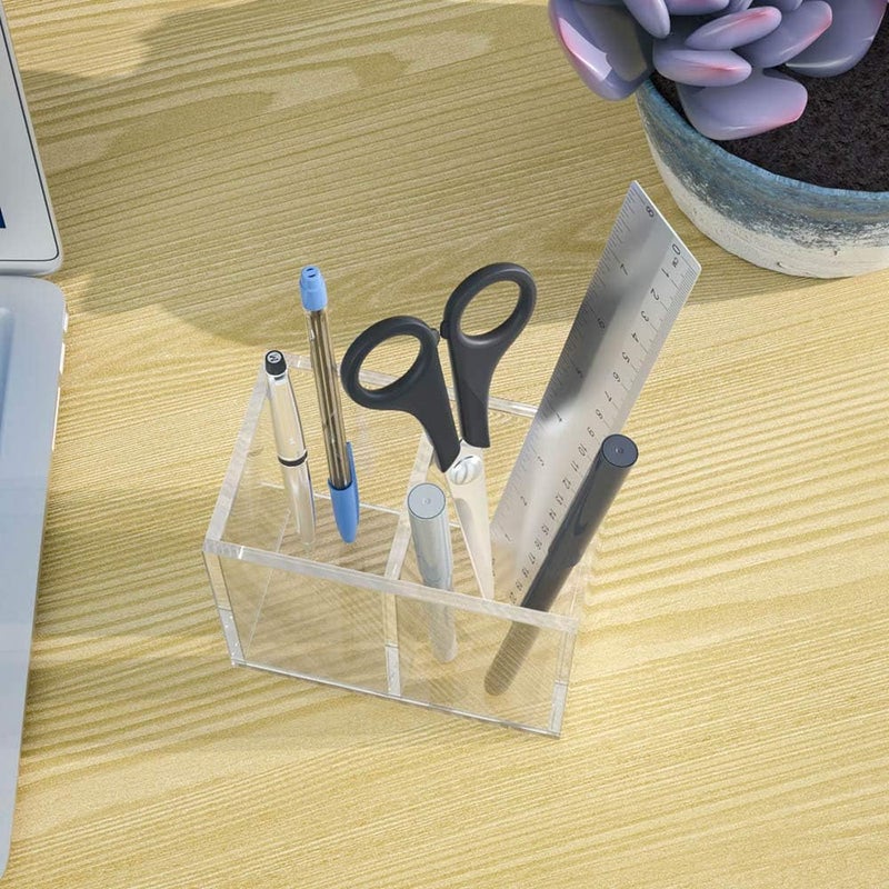 NIUBEE Acrylic Pen Holder 2 Compartments, Clear Pencil Organizer Cup for Countertop Desk Accessory Storage - Image 2