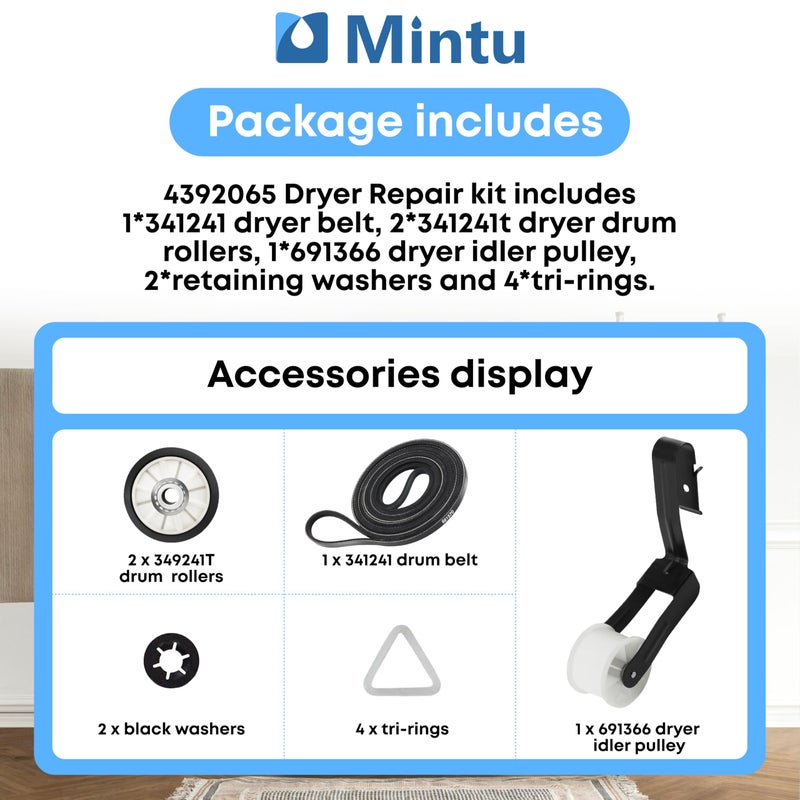 Mintu 4392065 Dryer Repair Kit with 341241 Dryer Belt, 349241t, 691366 - Dryer Parts for Whirlpool Kenmore Maytag Amana, Fit for Model wed4815ew1 ned4655ew1, Replaces AP3131942 AP6010582 WP691366 AP3098345 - Image 3