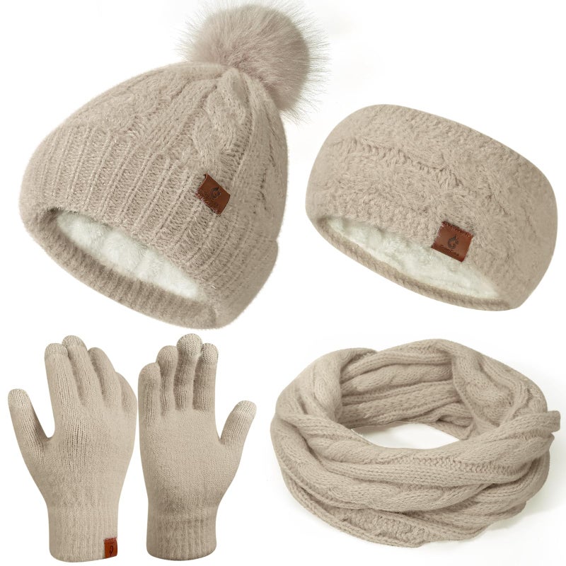 Goocoz Womens Beanie Hat Infinity Scarf Touchscreen Gloves Fleece Headband 4 in 1 Winter Clothes Set Gifts for Women Oatmeal - Image 1