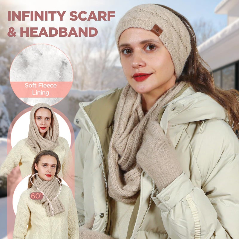 Goocoz Womens Beanie Hat Infinity Scarf Touchscreen Gloves Fleece Headband 4 in 1 Winter Clothes Set Gifts for Women Oatmeal - Image 3
