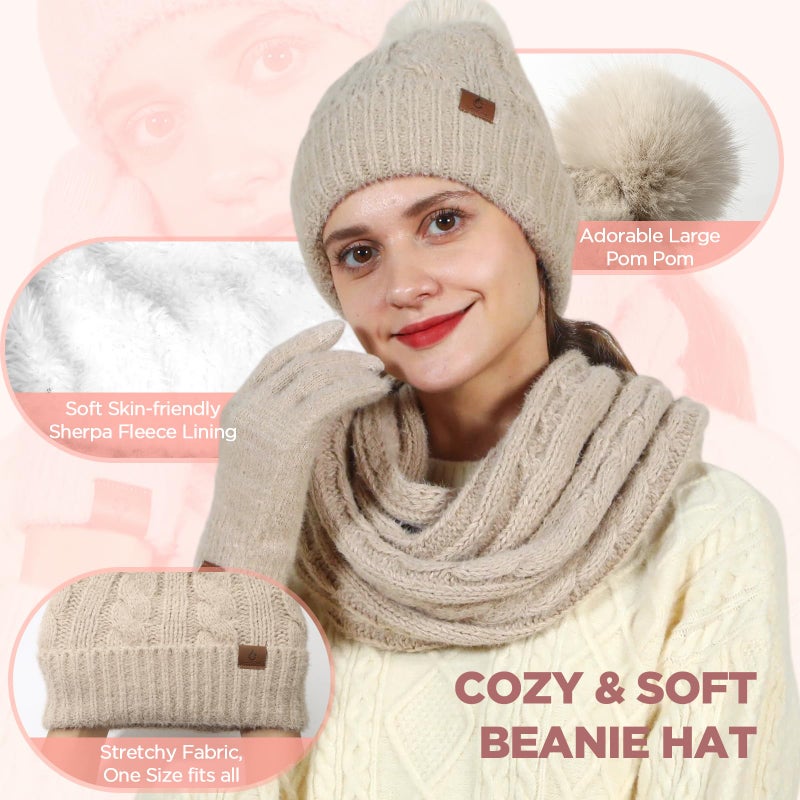 Goocoz Womens Beanie Hat Infinity Scarf Touchscreen Gloves Fleece Headband 4 in 1 Winter Clothes Set Gifts for Women Oatmeal - Image 2