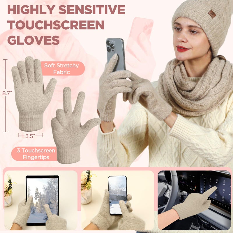 Goocoz Womens Beanie Hat Infinity Scarf Touchscreen Gloves Fleece Headband 4 in 1 Winter Clothes Set Gifts for Women Oatmeal - Image 4
