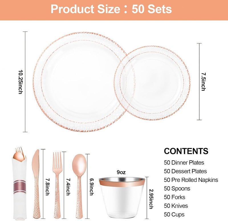 Bestluck 350PCS Clear Plastic Plates with Rose Gold Trim for 50 Guests, Disposable Dinnerware Set for Party, Wedding, Include 100 Plastic Plates, 50 Pre Rolled Napkins with Silverware, 50 Cups - Image 2