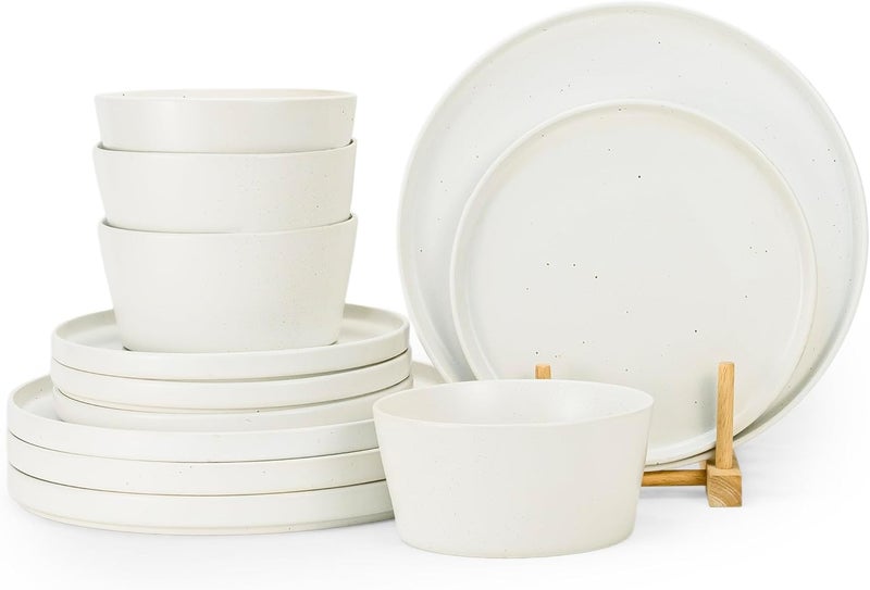 كويزين أرت طقم عشاء كويزين آرت وولا المكون من 12 قطعة، مصنوع من الخزف الحجري الأبيض، يكفي لأربعة أشخاص - يشمل أطباق العشاء والأطباق الجانبية والأوعية - أدوات مائدة عصرية ومتينة للاستخدام اليومي والهدايا. - Image 1