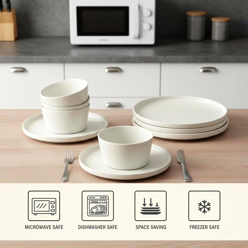 كويزين أرت طقم عشاء كويزين آرت وولا المكون من 12 قطعة، مصنوع من الخزف الحجري الأبيض، يكفي لأربعة أشخاص - يشمل أطباق العشاء والأطباق الجانبية والأوعية - أدوات مائدة عصرية ومتينة للاستخدام اليومي والهدايا. - Image 3