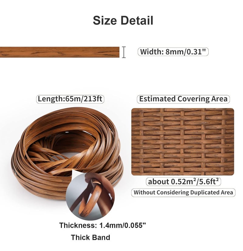 Feyart PE Rattan Strip for Outdoor Rattan Furniture Repair, 8mm Plastic Wicker for Patio Furniture Restore, 500g/65m Long (Dark Brown) - Image 4