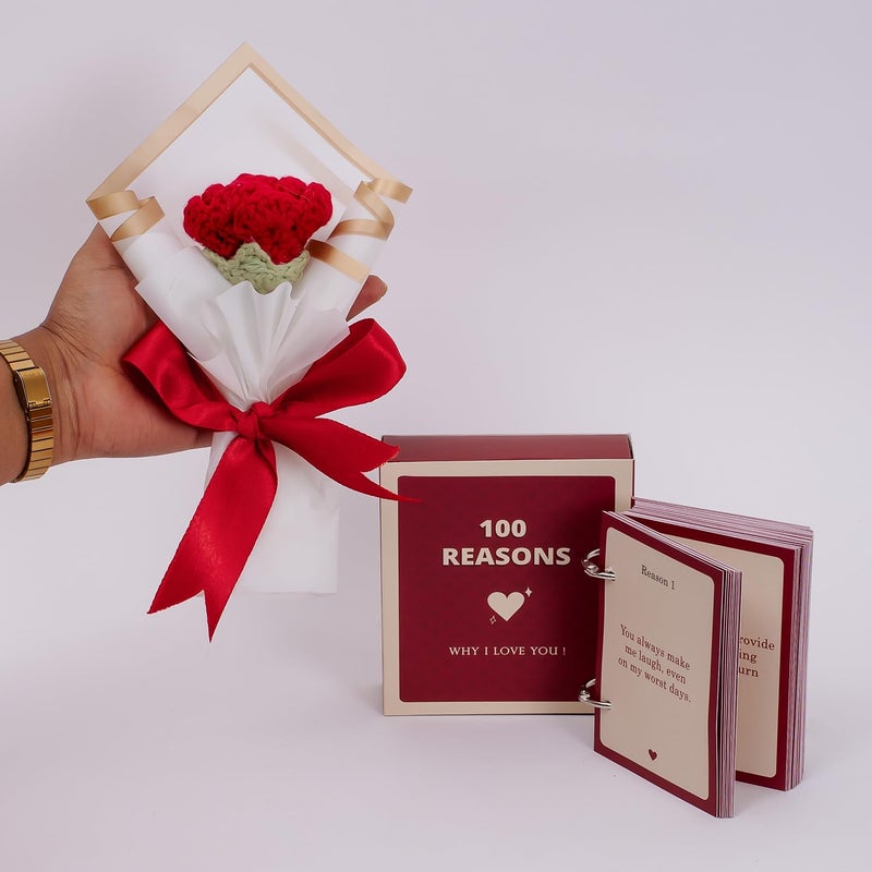 CONFETTI GIFTS هدية كونفيتي سلة هدايا عيد الحب عبوة من 2 عنصر 100 سبب لماذا أحبك بطاقات باقة ورد كروشيه حمراء هدية عيد الحب لصديقة أو صديق - Image 1