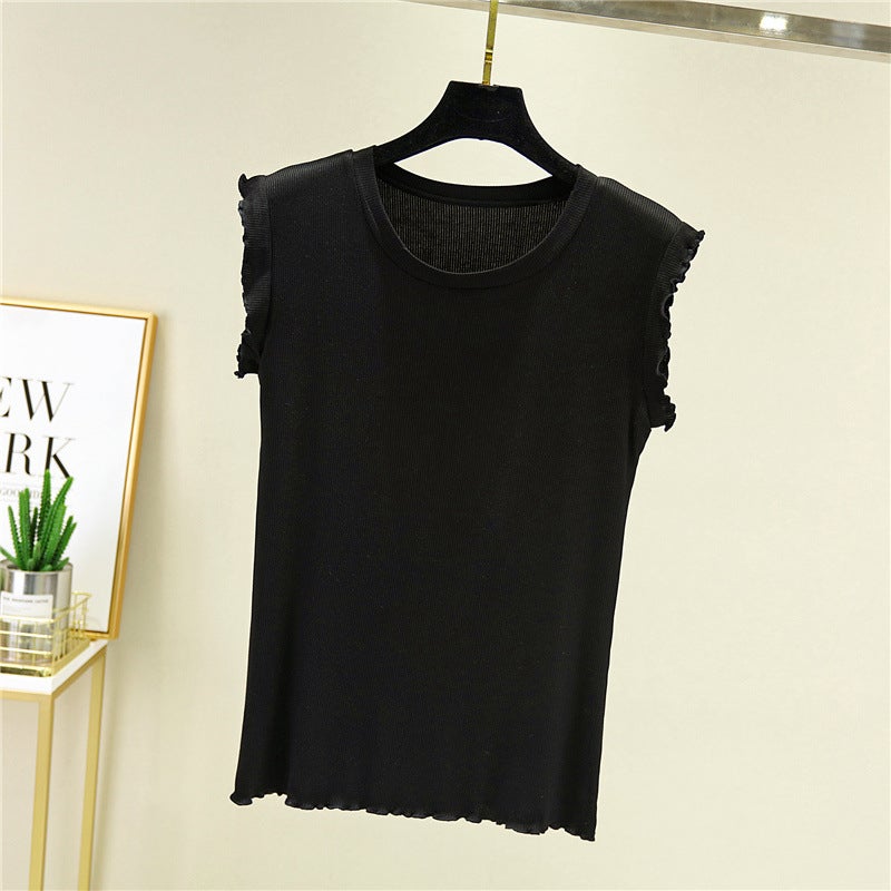 Flashside Round Neck Solid Color Vest Womens Summer Inner Base Shirt Modal Sleeveless T-shirt Slimming Thin Knitted Top Green  - Image 2