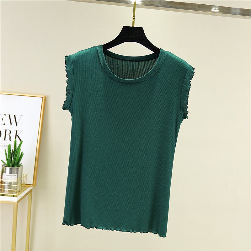 Flashside Round Neck Solid Color Vest Womens Summer Inner Base Shirt Modal Sleeveless T-shirt Slimming Thin Knitted Top Green  - Image 1