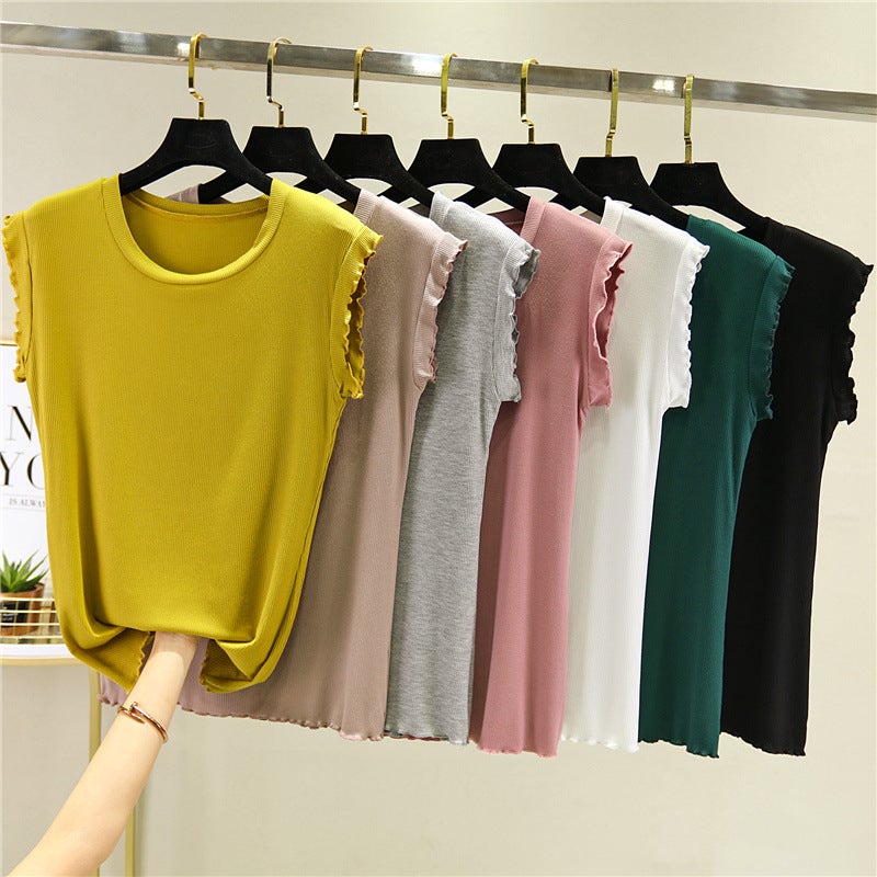 Flashside Round Neck Solid Color Vest Womens Summer Inner Base Shirt Modal Sleeveless T-shirt Slimming Thin Knitted Top Green  - Image 4