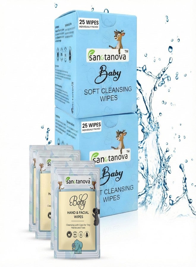 SANCTANOVA Individually Wrapped Wet Wipes for Baby - 50 Single-Use Sachets (Pack of 2 × 25) | Soft & Gentle Pure Water Wipes | Aloe Vera & Chamomile | Alcohol-Free Baby Wet Wipes |Unscented & Hygienic - Image 1