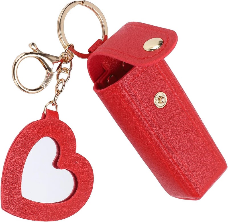Zerodis Pu Leather Lip Balm Pouch, Cosmetic Bags Holder Keychain With Mirror Comfortable Touch Lipstick Holder Bag For Women Travel Essentials 3.54X1.18In Pu Leather Lip Balm Pouch, (Red) - Image 4