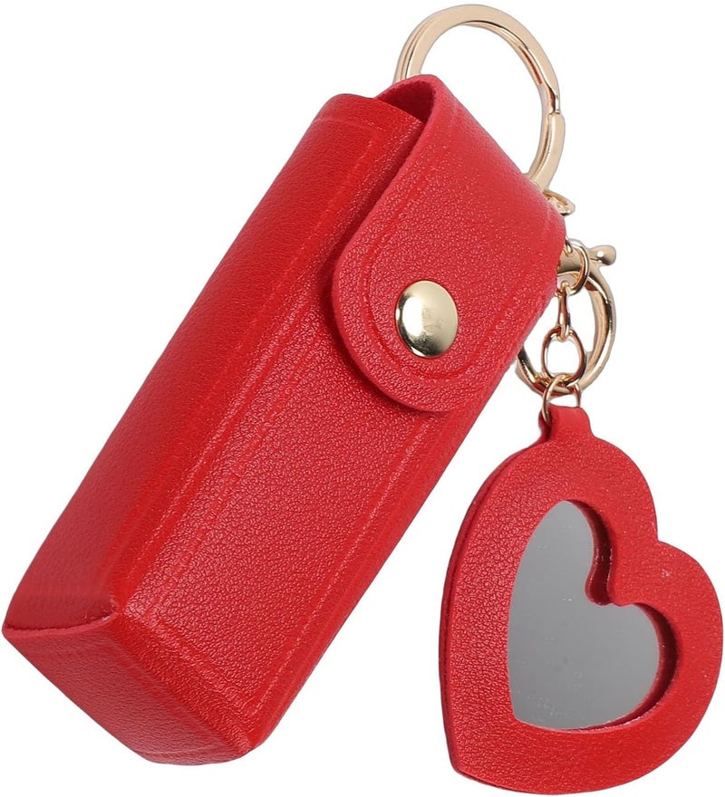 Zerodis Pu Leather Lip Balm Pouch, Cosmetic Bags Holder Keychain With Mirror Comfortable Touch Lipstick Holder Bag For Women Travel Essentials 3.54X1.18In Pu Leather Lip Balm Pouch, (Red) - Image 3