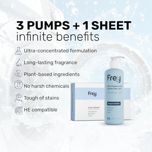 FREY Classic Laundry Bundle – Concentrated Liquid Detergent (Up to 50 Loads) + Dryer Sheets (30 Sheets) – Plant-Derived Formulation, HE Compatible (Bergamot Beach) - Image 2