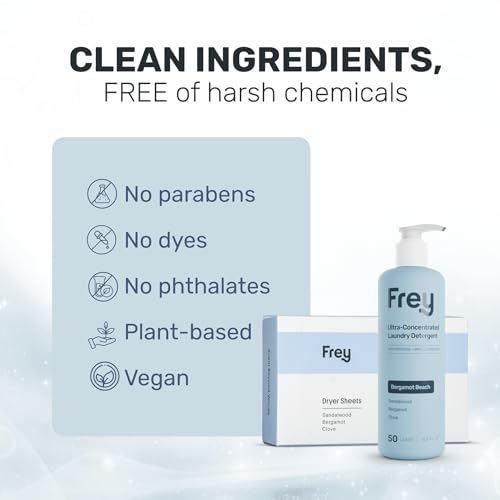 FREY Classic Laundry Bundle – Concentrated Liquid Detergent (Up to 50 Loads) + Dryer Sheets (30 Sheets) – Plant-Derived Formulation, HE Compatible (Bergamot Beach) - Image 5