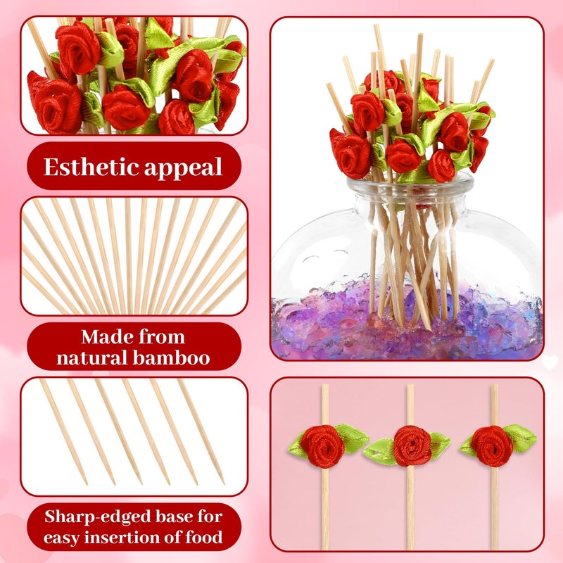 JOFONY 120pcs Red Rose Flower Cocktail Picks,4.72 Inch Long Valentine Decorations Toothpicks for Appetizers,Food Drinks Garnish Fruit Skewer Sticks for Wedding Valentine Holiday Party Decoration - Image 3
